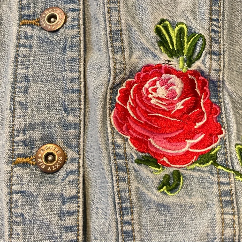 Girls Route 66 Light Blue Jean Jacket with Red Floral Embroidery (size 10/12)
